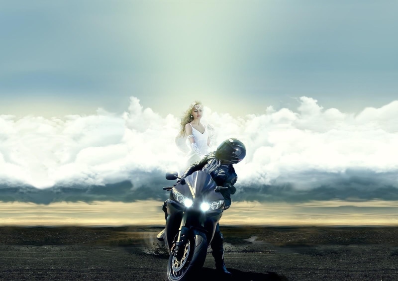 mode of transportation, imagination, leisure activity, full length, cheerful, work Helmet, motorcycle, men, land, smiling, females, futuristic, black, riding