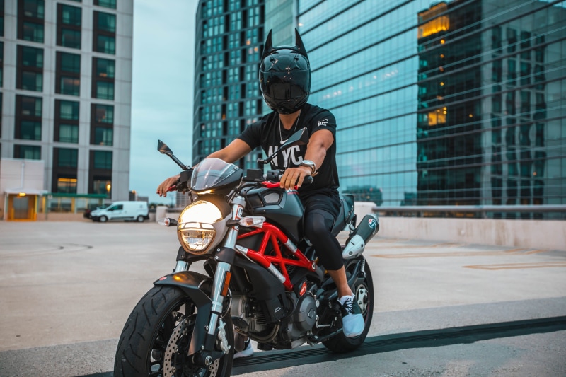 road, one person, 5K, chopper, outdoors, motorcyclist, ride, man, street, lifestyles, men, city, office building exterior, biker, crash helmet, building exterior