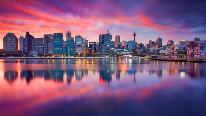 skyline, metropolis, sky, 4K, sunset, pink sky, horizon, skyscraper, dusk, australia, city, sydney, cityscape, metropolitan area, reflection