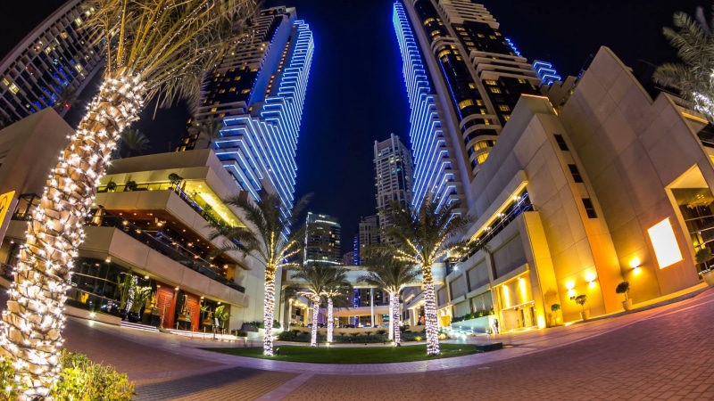 tall - high, dubai, photograph, night, building exterior, modern, office building exterior, financial district, glowing, lighting equipment, marina promenade