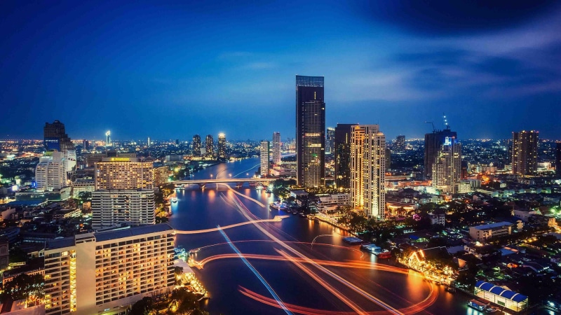 modern, light trail, building exterior, metropolitan area, chao phraya, skyscraper, downtown district, financial district, 4K, no people, landmark, asia