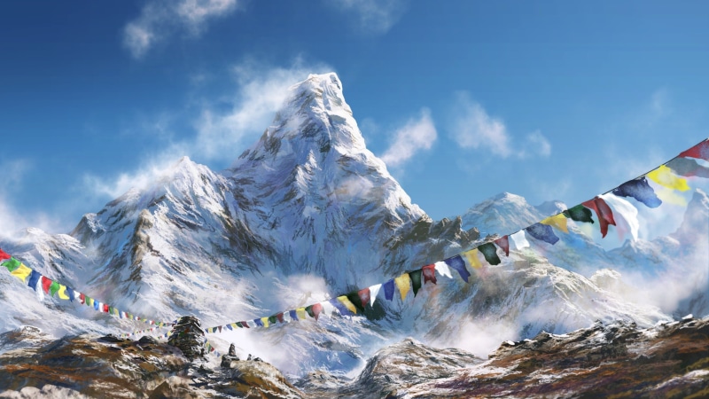 Himalayas, snowy, HD, mountain, Prayer flags, 2K, daytime