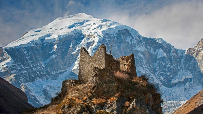 summit, day, jangothang, dzong, religion, mountain range, sky, cloud - sky, travel destinations, mountain, ancient, rock, jomolhari base camp, snow, ruined