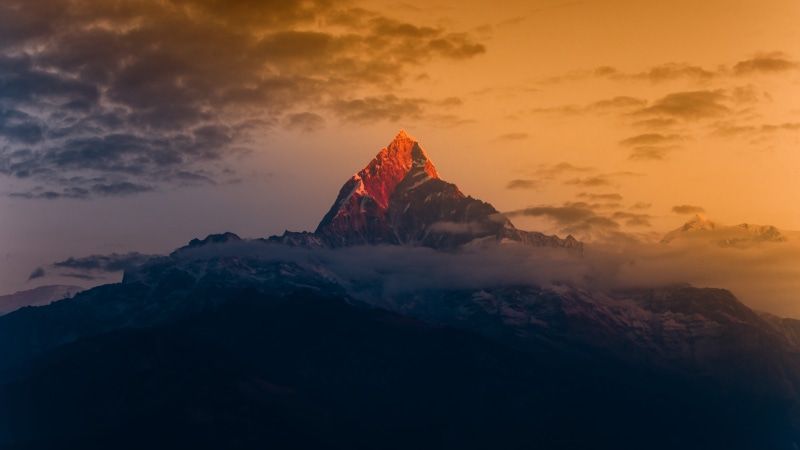 tranquility, sunset, outdoor, sun, fishtail, non-urban scene, trekking, scenics - nature, mountaineering, mountain peak, outdoors, winter, idyllic, cloud - sky
