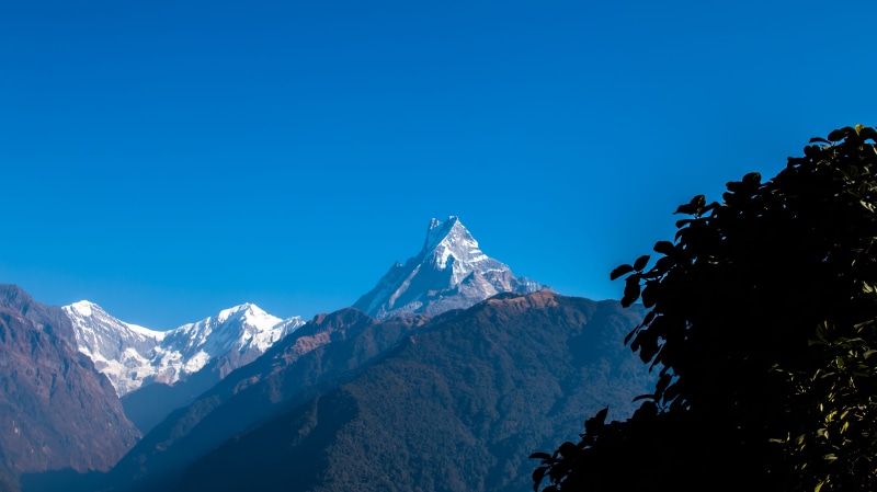 mountain Range, trekking, himalaya, mountain Peak, winter, landscape, clear sky, asia, machapuchare, coniferous tree, cold temperature, snowcapped mountain