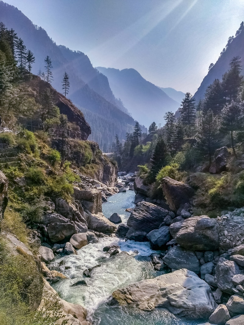 himachal, rock, himalaya, no people, day, tranquility, kasol, sky, non-urban scene, tree, parvati, tranquil scene, flowing, land, 2K, mountain range, river