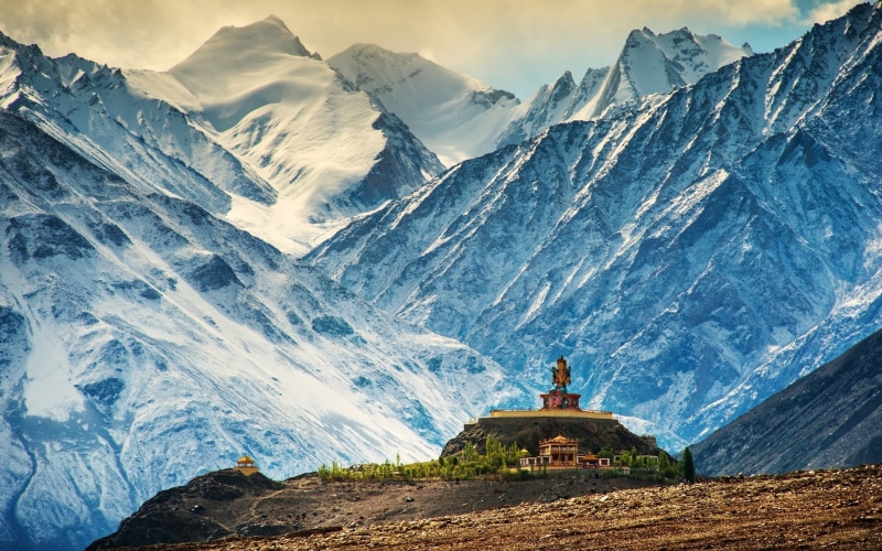 stones, rock, mountains, Buddhism, India, landscape, nature, trees, Himalayas, building, Buddha, hills, 1080P, architecture, snowy mountain, sculpture