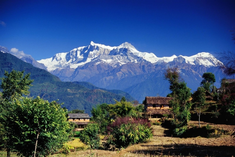 blue, travel, nepal, himalayas, beauty In Nature, village, summer, annapurna Conservation Area, travel Destinations, mountains, built structure, vegetation