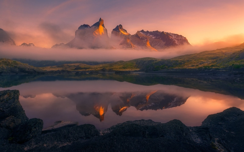 summer, mist, outdoors, reflection, photography, water, tranquility, sky, Chile, sunset, mountain range, mountain, landscape, 1080P, non-urban scene, Torres del Paine