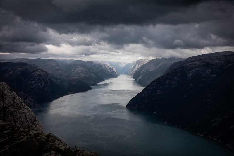 norway lysefjord, Landscape, moutains, 8K, dark clouds, river