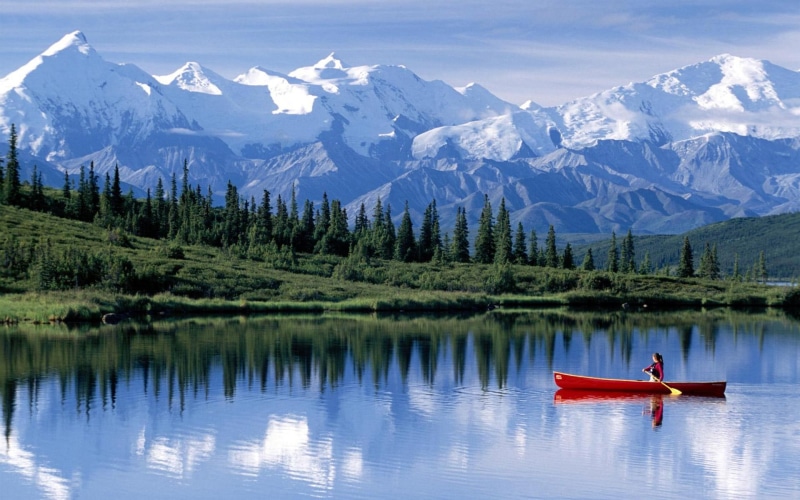 water, red, 3d and abstract, moutains, canoe, trees, 1080P