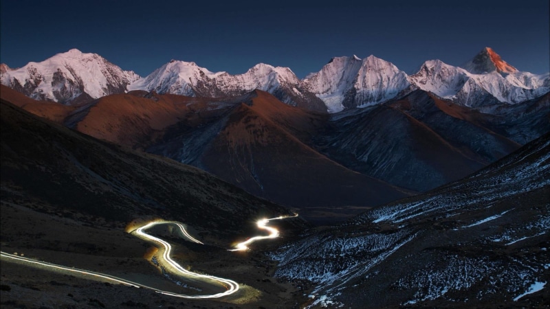 traffic, mountain, snow, snowcapped mountain, environment, kangding, peaks, light trails, sky, land, darkness, high moutain, nature, non-urban scene, tranquil scene