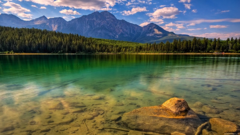 tree, water, lake, moutains, leave, landscape, green, near, moutain, 1080P, trees, body