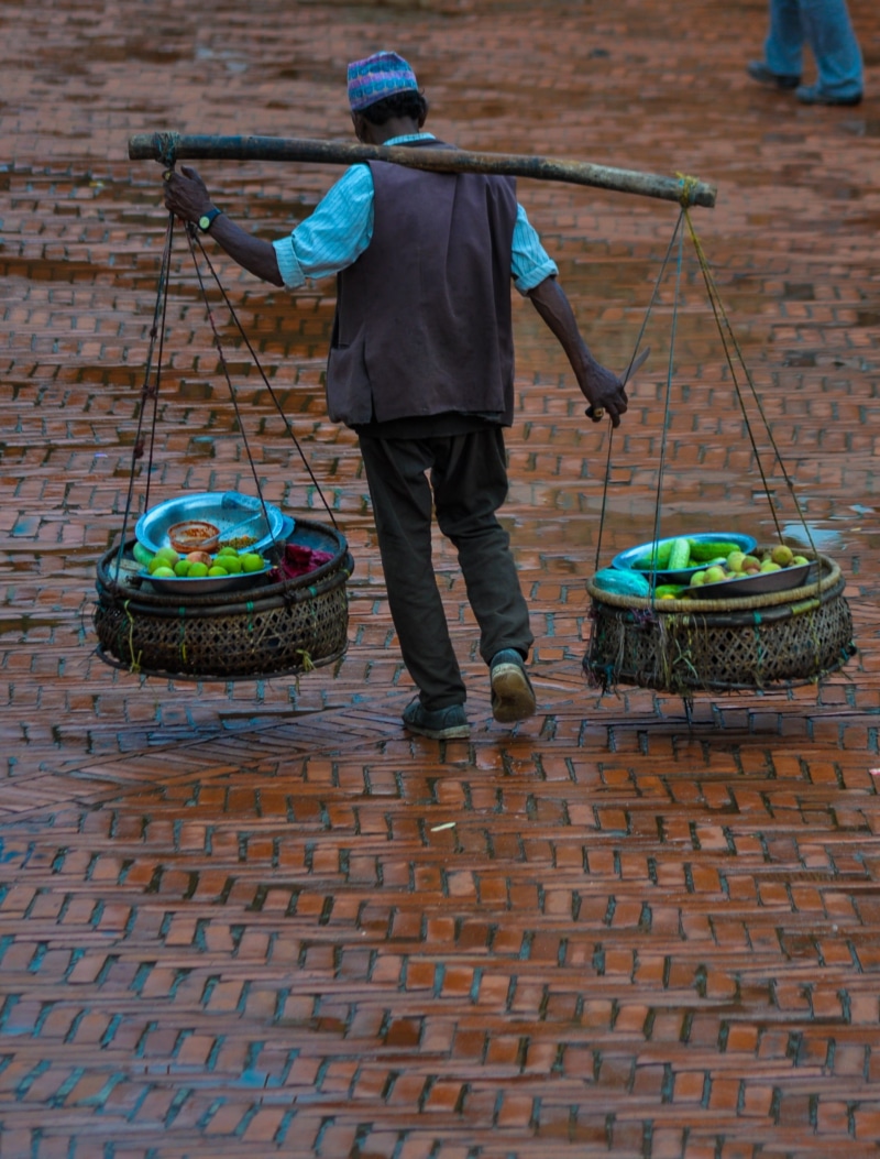 day, rear view, occupation, food, walking, pokhara, outdoors, working, durbar square, casual clothing, men, wicker, standing, bunch, organic, one person