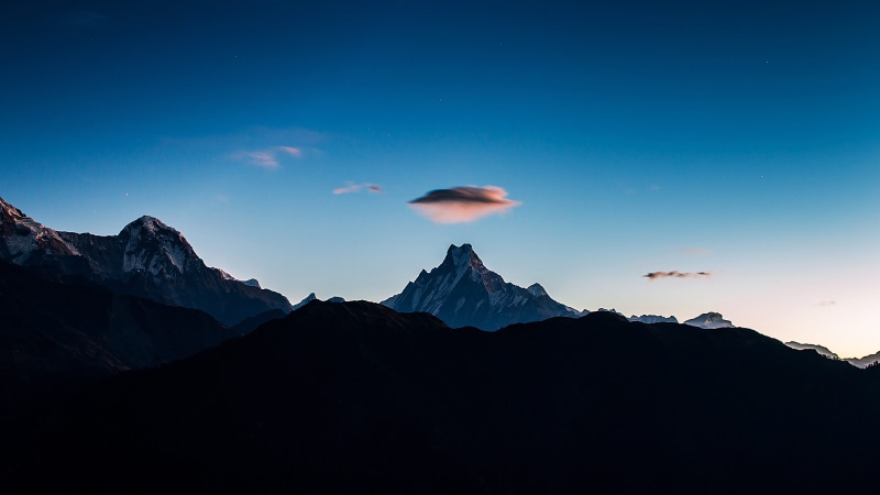 snowcapped mountain, volcano, tranquil scene, mountain range, horizontal plane, sunset, scenic, nature, poonhill, travel, environment, sunrise, valley