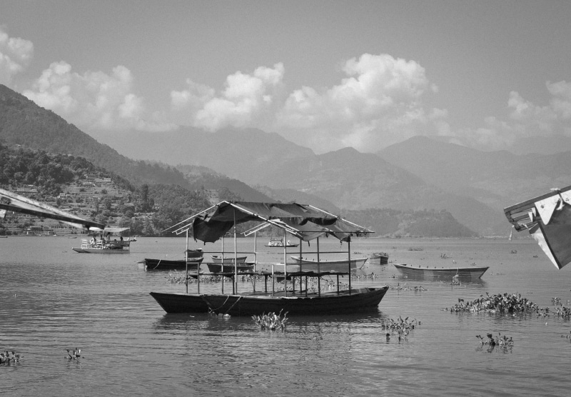 waterfront, fishing industry, mountain range, lake, 2K, transportation, architecture, nautical vessel, sky, travel, scenics - nature, fewa lake, hills