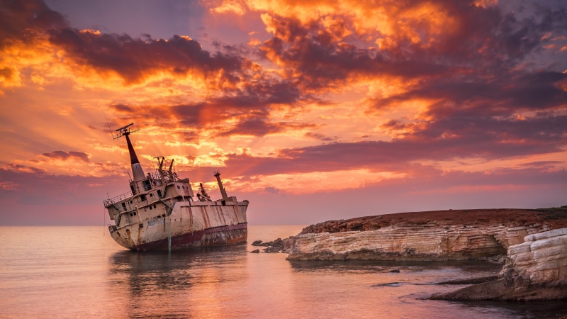 shore, scenics - nature, glow, transportation, orange color, coast, peyia, water, no people, edro 3, wreck, sea, tranquility, beauty in nature, 4K, tranquil scene