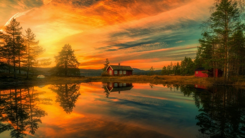 tree, dusk, wilderness, sunset, water, evening, afterglow, nature, europe, norway, lake, ringerike, reflection, reflected, 1080P, orange sky, sky