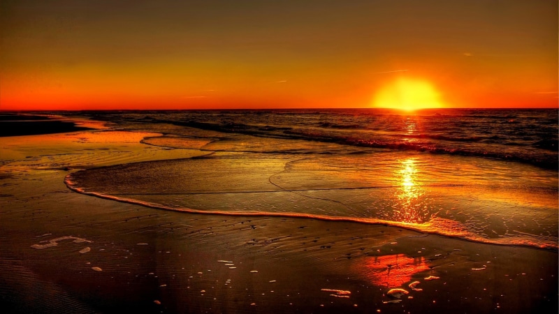 orange sky, 1080P, sun, horizon, sunset, shore, afterglow, sea