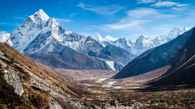 blue, 4k, mountains, sky, Nepal, mountain, Ama Dablam, landscape, brown, clear, snow, white, black, 4K