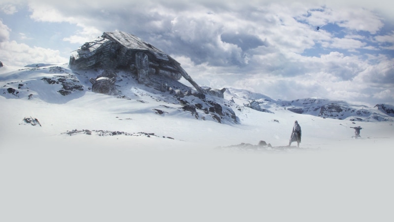 day, white color, 1080P, Hoth, one person, AT-AT Walker, stormtrooper, scenics - nature, nature, mountain range, real people, snowcapped mountain, warm clothing