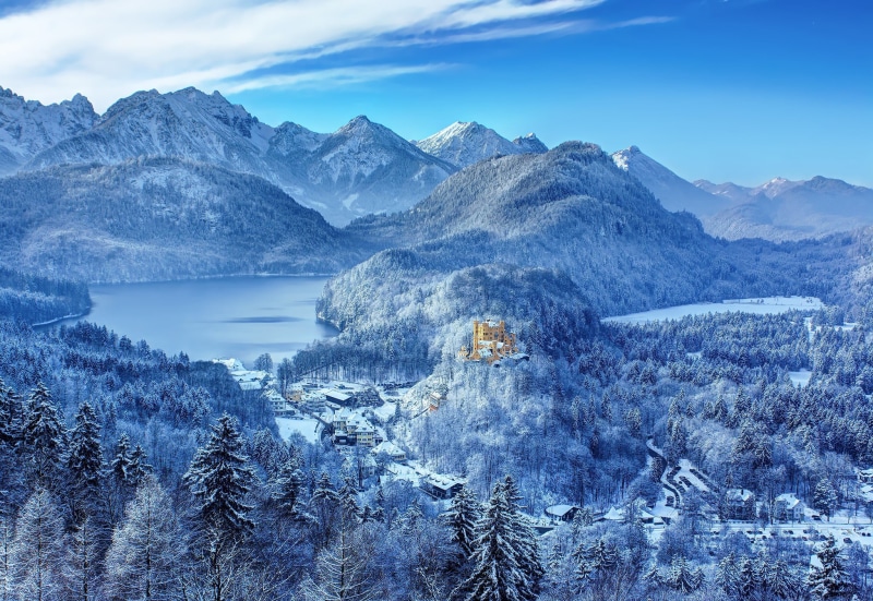 landscape, house, scenics - nature, no people, Germany, tree, painting, lake, plant, castle, clouds, outdoors, formation, idyllic, trees, snowcapped mountain