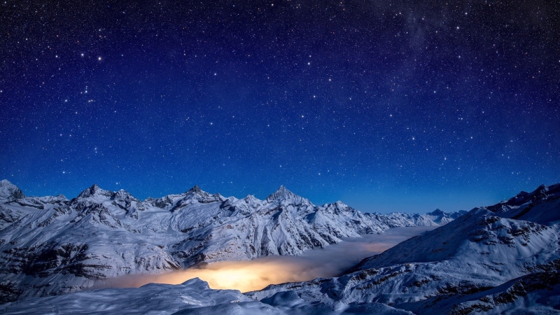 Switzerland, Alps, sky, mist, snowcapped mountain, milky way, blue, astronomy, cold temperature, covered, mountain, 1080P, nature, star - space, no people