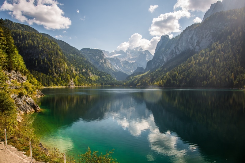 non-urban scene, sky, reflection lake, lake, austria, gosausee, tree, bergsee, dachstein, scenics - nature, cloud - sky, mountain range, outdoors, plant