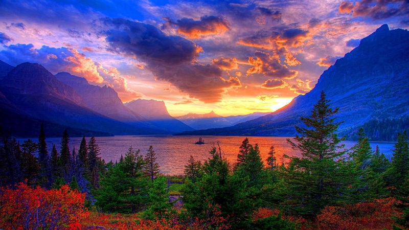 saint mary lake, mountains, sunset, beautiful, united states, 1080P, stunning, landscape, scenery, pines, montana, clouds, captivating