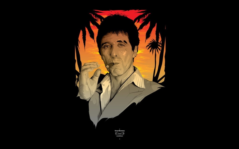 headshot, one person, movies, indoors, looking at camera, fan art, Scarface, Tony Montana, black background, adult, young adult, pacino, copy space, males