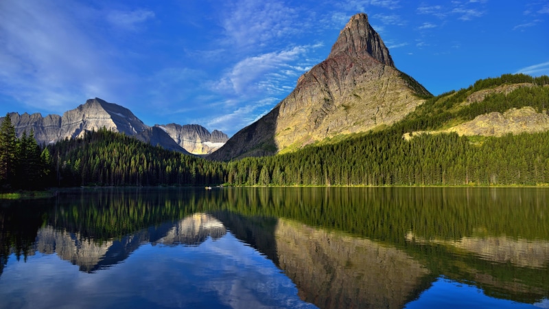8k uhd, mountain lake, glacier national park, 8k, united states, swiftcurrent lake, reflection, sky, bank, rocky mountains, blue sky, highland, lake, 8K