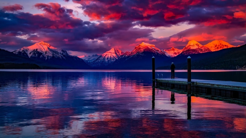 reflection, cloud, dusk, united states, red sky, water, sunset, evening, sky, national park, 1080P, montana, afterglow, dock, lake, lake mcdonald, glacier national park