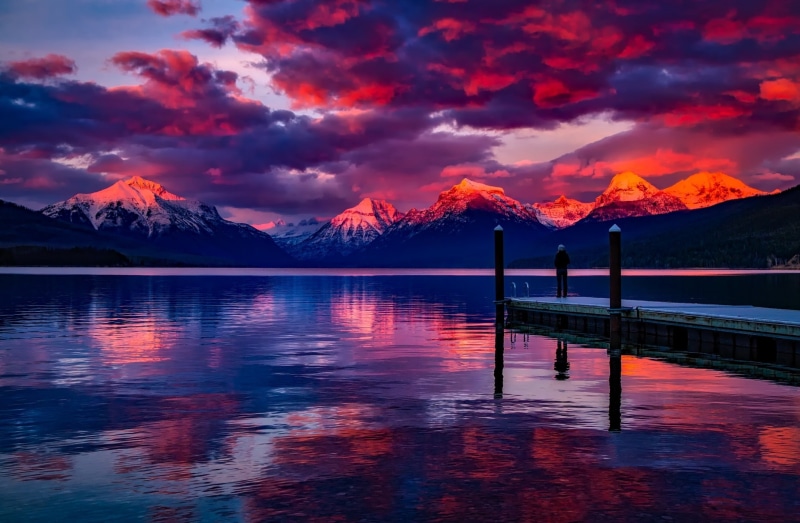 tranquility, Lady, Outdoors, glaciernationalpark, waterfront, idyllic, Rural, Nature, Pier, tourism, Scenic, mountain, sky, gray, Evening, beauty in nature