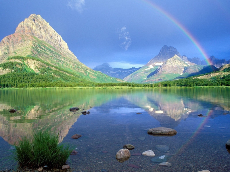 Montana, Glacier National Park, reflection, 720P, rainbows, lake, mountains, Swiftcurrent Lake, landscape