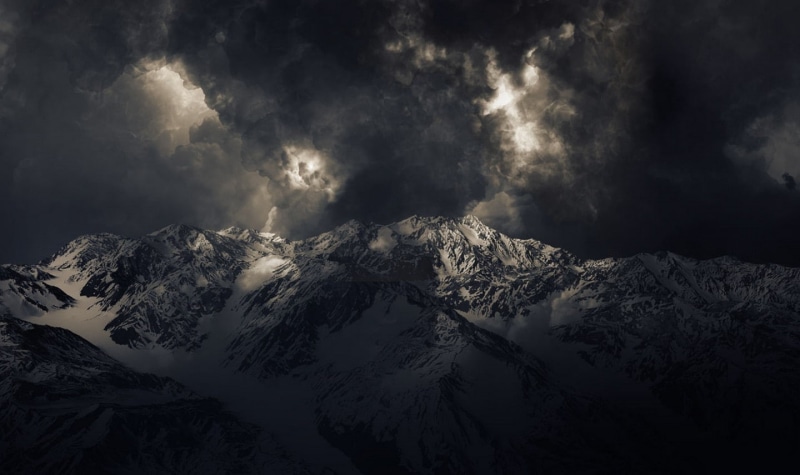 Dark, sunlight, 720P, clouds, landscape, Snowy Peak, storm, mountains, nature, Summit