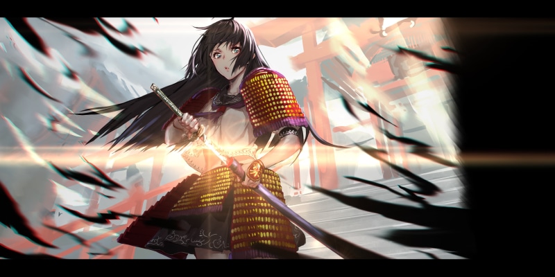 anime girls, katana, anime, armor, fantasy art, women, 4K, original characters, sailor uniform, schoolgirl, samurai, lens flare, digital art, looking at viewer