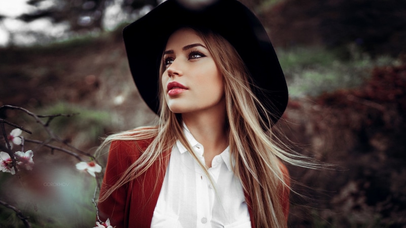 juicy lips, white, collared, adult, hair, face, spring, young adult, beautiful people, body part, headshot, looking, black hat, Maria Puchnina, shirt, hat