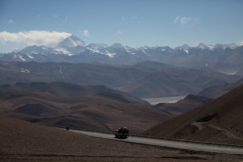 motorcycle, sky, mountain, everest base camp, transportation, land vehicle, scenics - nature, idyllic, 5K, travel, climate, xigaze, tranquil scene, tranquility