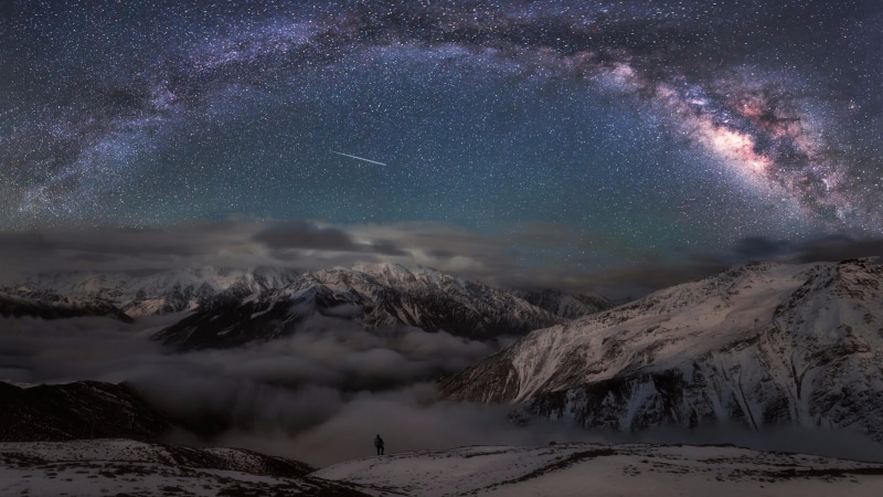 minya konka, 4K, kangding, no people, outdoors, astronomical object, winter, china, nature, snowcapped mountain, milky way, astronomy, night, freezing