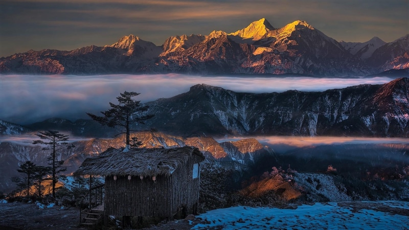 outdoors, shanty, high moutain, water, kangding, formation, minya konka, sichuan, winter, beauty in nature, mount gongga, asia, nature, tibet, mountain