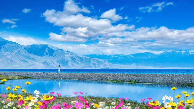 lakes, asia, landscape photography, spring, bortala, lake, bole, woman, blossom, mountains, flower, sayram lake, 4K, mountain range, sky, clouds, mountain lake
