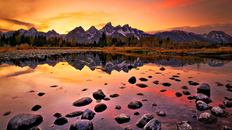 sky, evening, snake river, lake, national park, sunset, reflection, landscape, 4K, teton range, nature, rock, sunlight, red sunset, grand teton national park