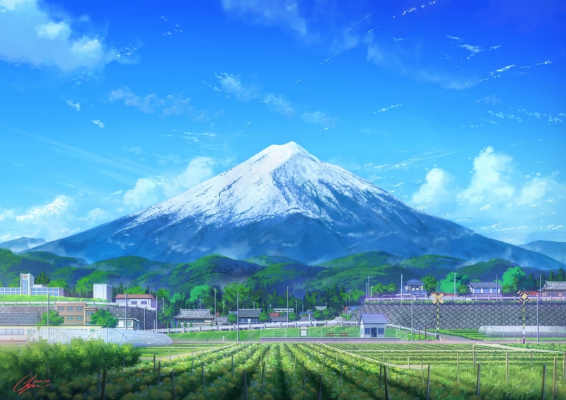 Field, Cloud, Sky, 1080P, Mountain, Mount Fuji, Anime, Scenery, Building, Original