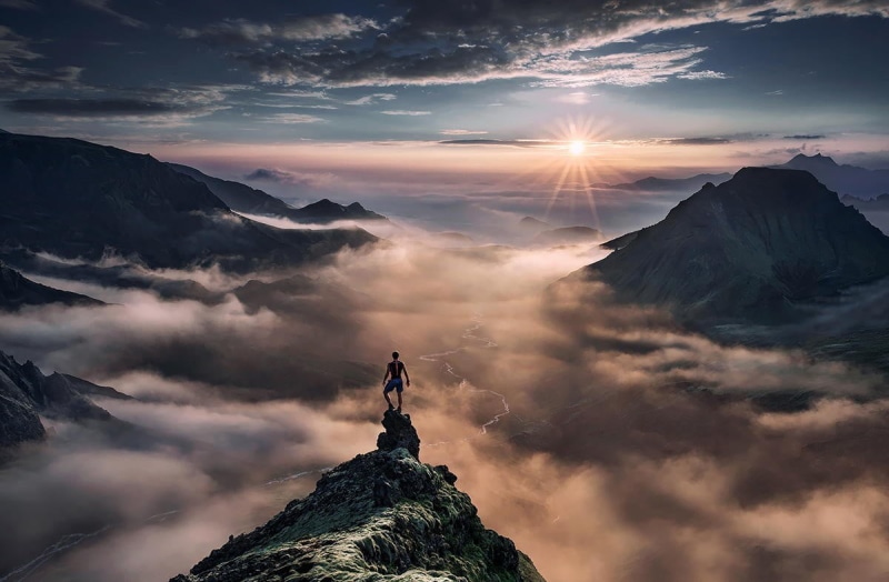 idyllic, standing, leisure activity, adventure, sky, mountain, outdoors, tranquil scene, nature, 480P, landscape, beauty in nature, green, looking at view