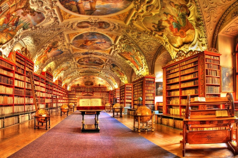 education, illuminated, building, interior, frescoes, fresco, large group of objects, book, indoors, in a row, religion, seat, architecture, monastery