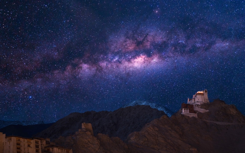 Namgyal Tsemo, 1080P, mountain range, Of Jammu and Kashmir. India, space, travel destinations, the monastery, night, stars, nature, mountain, The Milky Way