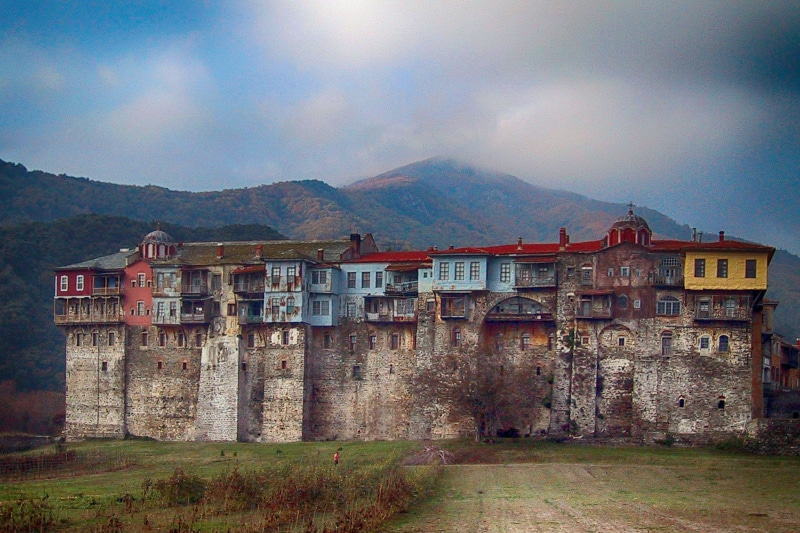 landscape, karyes, scenics - nature, monastery, mountain range, built structure, cloud - sky, building exterior, holy mountain, sky, house, residential district