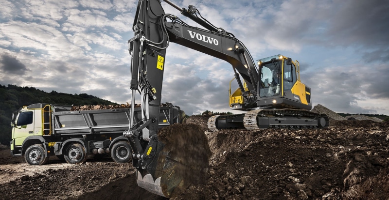 dump truck, the ground, truck, Volvo, excavator, the excavator boom, Volvo EC220ELR, sand, crawlers, construction equipment, quarry, 1080P