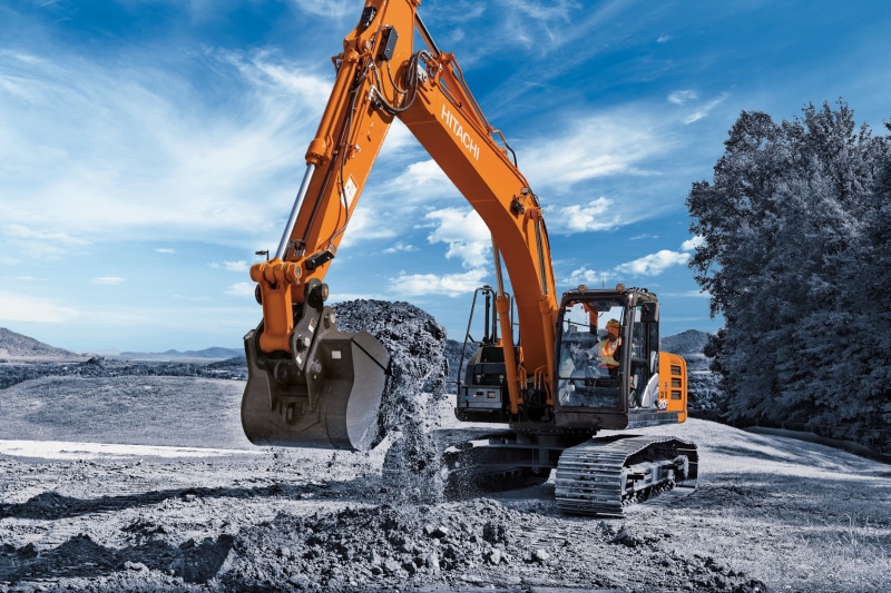 cabin, excavator, the ground, the excavator boom, quarry, Hitachi, sand, bucket, construction equipment, the sky, caterpillar, Hitachi ZX210LC, 2K