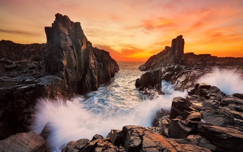 Bombo Quarry, New South Wales, orange sky, sea, Australia, rock formation, 1080P, landscape
